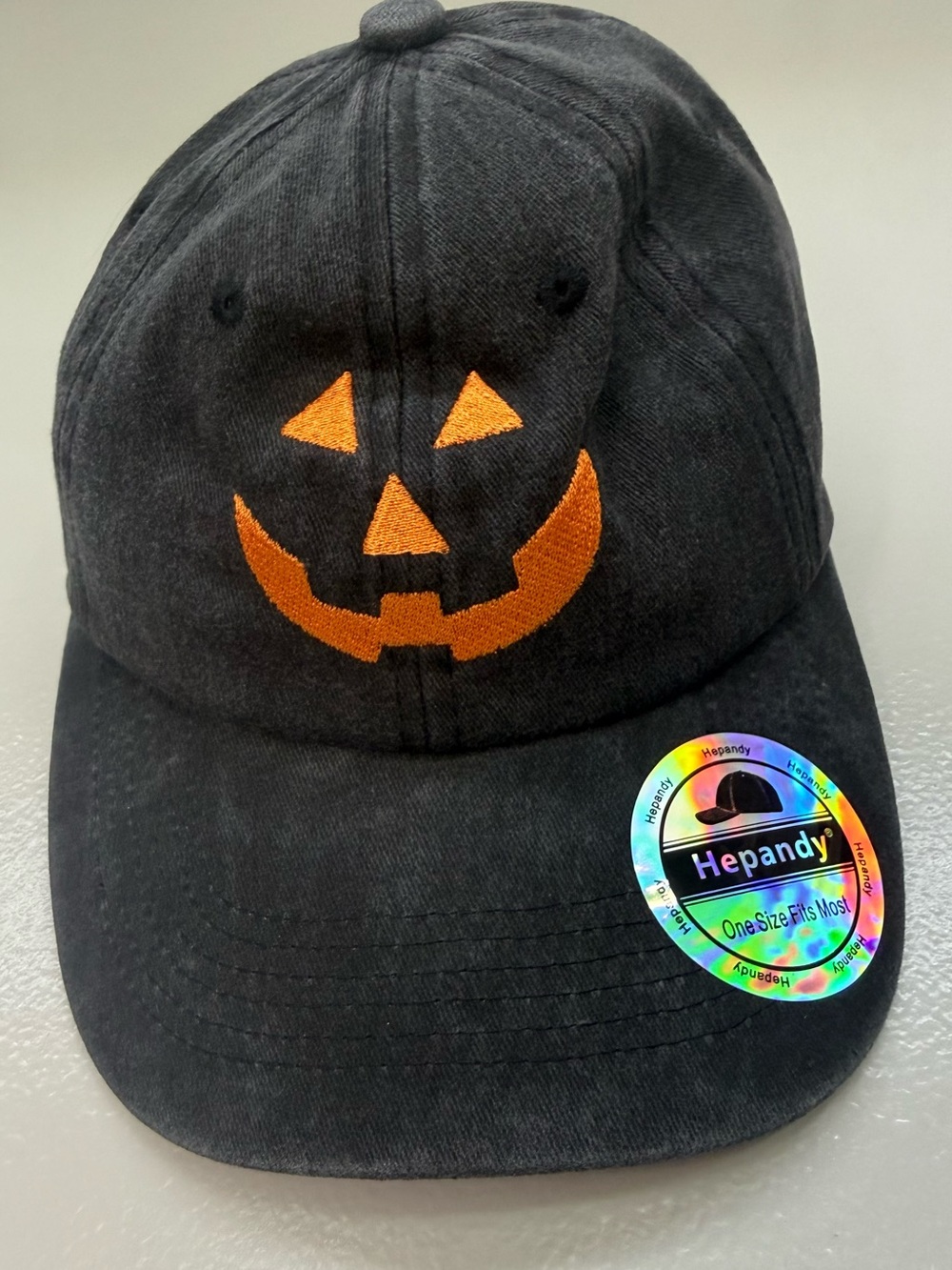 Halloween Black Mineral Wash Hat Orange Jack-O'-Lantern Embroidered Face NEW